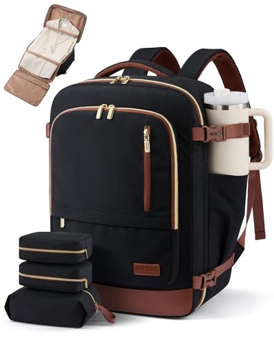 LOVEVOOK 50L Travel Backpack for Women Men with Garment Bag, Airline Approved Carry on Luggage Travel Essentials with 3 Packing Cubes, TSA Overnight Bags Weekender Essentials Backpacks fits 17" Laptop - color: Black-brown, size: 50L-4Pcs