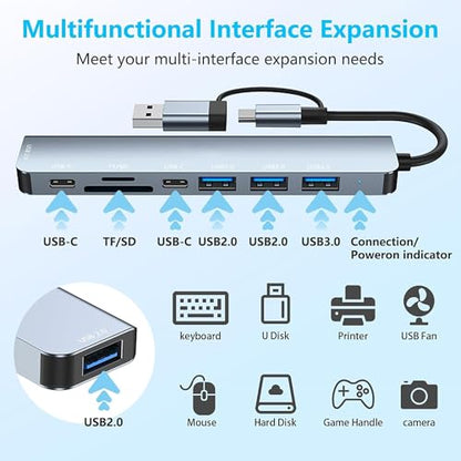 USB Hub 3.0 USB C Hub 8 in 1 with SD/TF Card Reader, 3.5mm Audio Jack, USB-A & USB-C Dual Input, Multiport Splitter Adapter for MacBook Pro/Air, PC, Laptop, Tablet and Other Devices