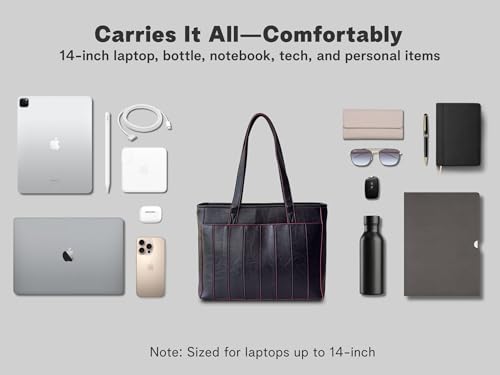 Laptop Bag for Women - 14" Vegan Leather Computer Bags for Laptops for Women - Padded Compartment - Leather Tote - color: Black