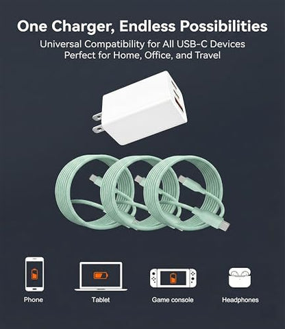 65W USB C Fast Charger, 3-Port PD Charger, 3 Cables, Green | Foldable green travel charger for laptop, phone & tablet, with 2 x 1.2m cables and 1 x 0.6m cable