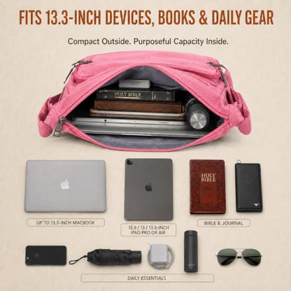 Rfid Crossbody Messenger Bag with Water Bottle Holders, 13 inch Laptop Shoulder Bag, Sling Satchel Purse w/Built-in Wallet - color: Pink