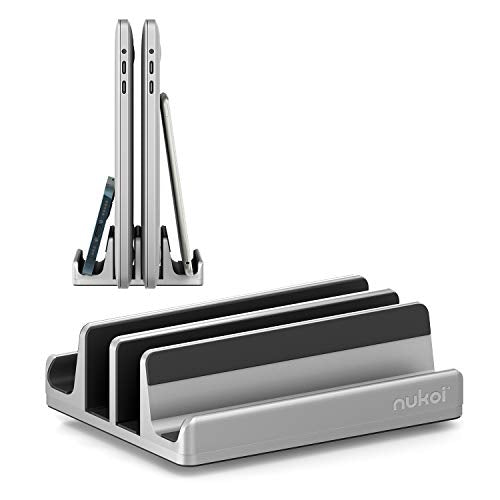 Vertical Laptop Stand - SPACEMax Adjustable GRIPLock Anti-Tip Silicone 4 Slots Aluminum Desktop Holder - Double Dock Stand - 2 Phone Slots Fits Up to 17.3” Laptops, Tablets, Phones - Silver - color: Silver