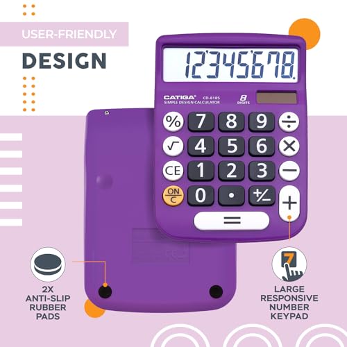 CATIGA Desktop Calculator 8 Digit with Solar Power and LCD Display, or Home, Office, School, Class and Business, 4 Function Small Basic - color: Violet