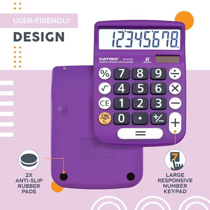 CATIGA Desktop Calculator 8 Digit with Solar Power and LCD Display, or Home, Office, School, Class and Business, 4 Function Small Basic - color: Violet