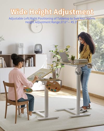 YIHAYO Adjustable Overbed Bedside Table with Wheels, 28 x 16 Inches Electric Mobile Standing Desk, Laptop Desk, Movable Overbed Tables Hospital Home Use, Natural - color: White Frame/Natural Top, size: 28*16 Inch