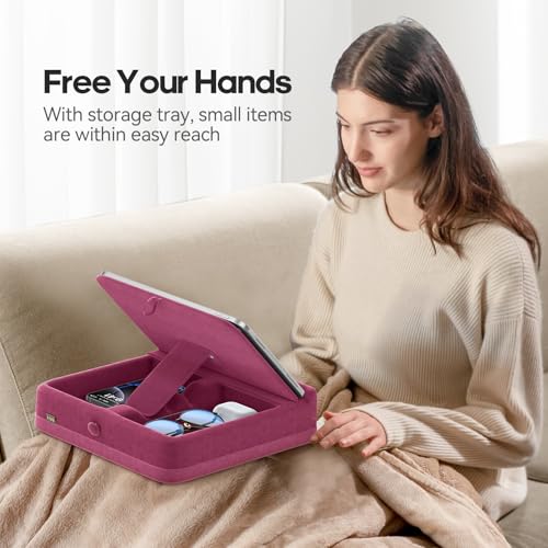 KDD Tablet Pillow Stand with Storage, Foldable iPad Holder for Lap, Desk and Bed, Angle Adjustable Soft Pad Dock with Stylus Mount Compatible with iPad Pro, Air, mini, Book, Phone and Tablet (4-13") - color: Dark Purple