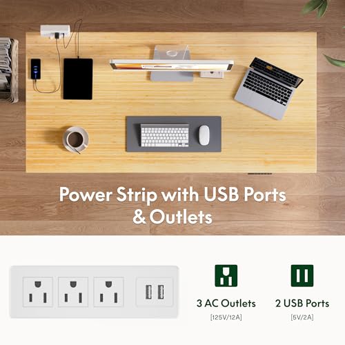 FLEXISPOT EN2 48"x24" Bamboo Electric Standing Desk with Power Strip | Solid Bamboo Desktop, Cable Management, Convenient Clamp Power Strip, And Clean Home Office Setup, White Frame - color: Bamboo Top + White Frame, size: 48x24"