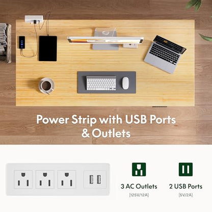 FLEXISPOT EN2 48"x24" Bamboo Electric Standing Desk with Power Strip | Solid Bamboo Desktop, Cable Management, Convenient Clamp Power Strip, And Clean Home Office Setup, White Frame - color: Bamboo Top + White Frame, size: 48x24"