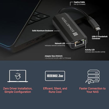 Sonnet Solo5G USB-C to 5 Gigabit Ethernet Adapter – RJ45 Supports 5Gbs, 2.5Gbps, 1Gbps, and 100Mbps, Plug-and-Play. Compatible with USB-C or Thunderbolt Port, Mac, Windows, and Linux