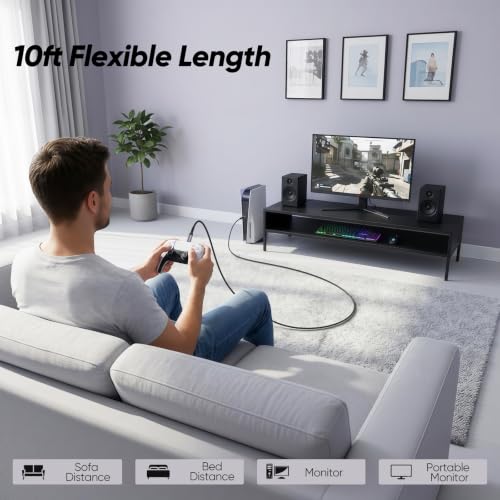 USB C 3.2 Gen 2 Cable 10ft Long, 4K@60Hz Video Monitor Display 10Gbps High Speed Data Transfer 100W Fast Charging Cord for PS5 Xbox Steam Deck iPhone 17 Galaxy S26 Laptop Monitor