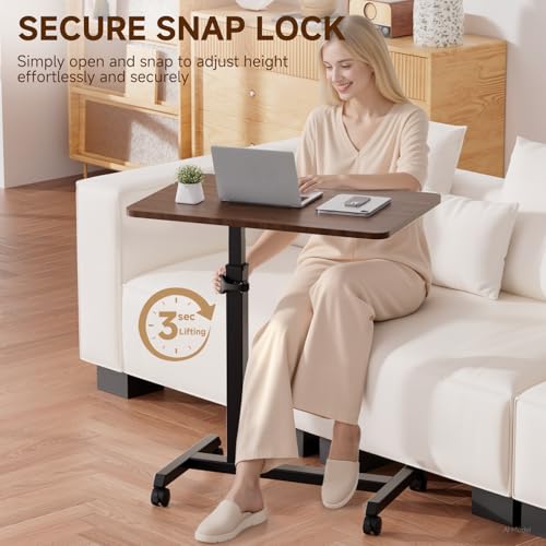 GTPLAYER Small Standing Desk, 24 Inches Foldable Mobile Rolling Laptop PC Table with Lockable Casters, Adjustable Height Overbed Bedside Table Computer Workstation for Home Office, Dark Brown-Foldable - color: Dark Brown-foldable