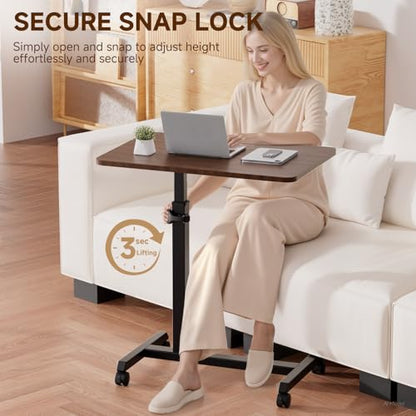 GTPLAYER Small Standing Desk, 24 Inches Foldable Mobile Rolling Laptop PC Table with Lockable Casters, Adjustable Height Overbed Bedside Table Computer Workstation for Home Office, Dark Brown-Foldable - color: Dark Brown-foldable