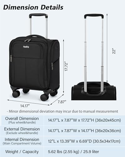 HanTrip 16 Inch Underseat Carry On Luggage with Wheels Softside Small Suitcases Personal Item Bag with Pocket Travel Luggage for Men Women Business Overnight Bag(Black) - color: Black