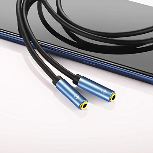 Headset Splitter for 2 TRRS Headphone or Mic 3 FT 3.5mm Jack Adapter | Sapphire Blue, Metal Shell, 3.5mm Jack Adapter TRRS 4-Pole Headphone Splitter Male to 2 Female Adapter for Smartphone, Laptop - size: 3 Feet - Standard