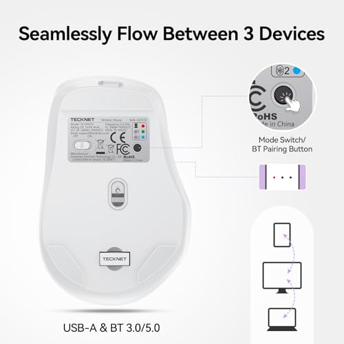 TECKNET Wireless Mouse, BT 5.0/2.4G, Rechargeable Silent 6 Buttons | 3-Device Easy Switch, Bluetooth 5.0/3.0 & USB A, Wide OS Compatible, 6-DPI up to 4800, Ergonomic for M/L Hands - color: Purple and White