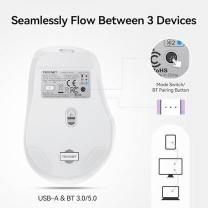 TECKNET Wireless Mouse, BT 5.0/2.4G, Rechargeable Silent 6 Buttons | 3-Device Easy Switch, Bluetooth 5.0/3.0 & USB A, Wide OS Compatible, 6-DPI up to 4800, Ergonomic for M/L Hands - color: Purple and White