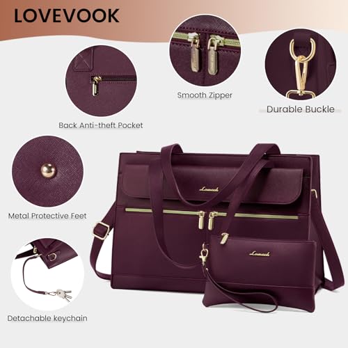 LOVEVOOK Laptop Tote for Women - 15.6 Inch Professional Leather Computer Briefcase, Waterproof Shoulder Bag, Large Capacity Business Teacher Office Bag, Crossbody Purse - Fuchsia - color: 135# Fuchsia, size: 15.6 Inch