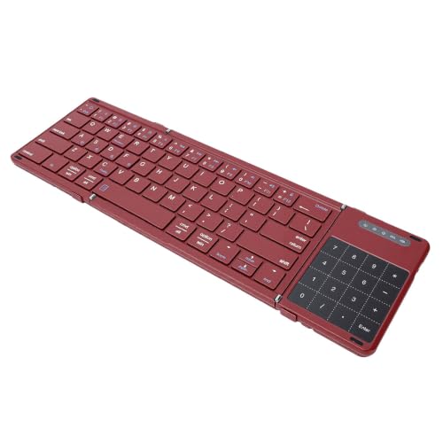Bewinner 3 Fold Foldable Bluetooth Keyboard, Rechargeable Wireless Keyboard with Touchpad and Number Pad for Travel Work Tablet Laptop Users (Wine Red) - color: Wine Red