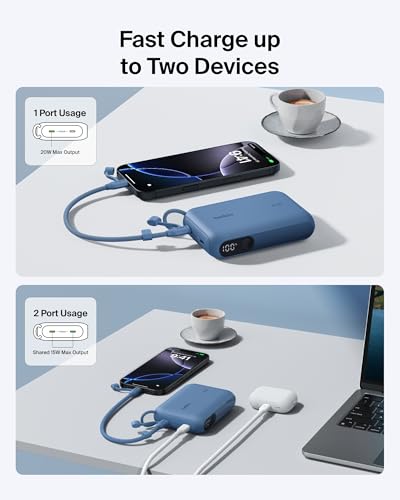 Belkin Portable Charger, Slim USB-C Power Bank 10,000mAh w/ 2 USB-C Ports, Digital Battery Display, 20W Charging Battery Pack - iPhone 17, Air, Pro, Samsung Galaxy S25, Pixel 10, iPad, & More - Blue - color: Blue, style: 10K mAh