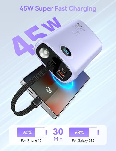 DIAMUAR Portable Charger 20000mAh 45W, Built in USB C Cable, 3W Flashlight | Fast Charging, Digital Display, 3 Ports, All-Day Power, Travel-Ready, for iPhone 17/16/15, Tablet, Laptop, Camping Essentials - color: Purple