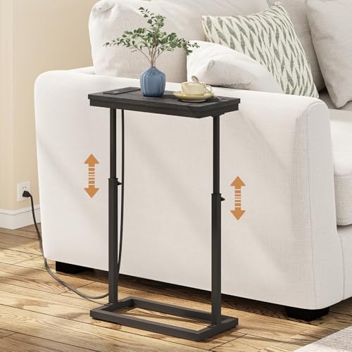 TUTOTAK End Table with Charging Station, Side Table, Tall Couch Table | Sofa Table, for living Room, Bedroom, Black TB01BK084 - color: Black, size: 1 Pack, style: With Plug