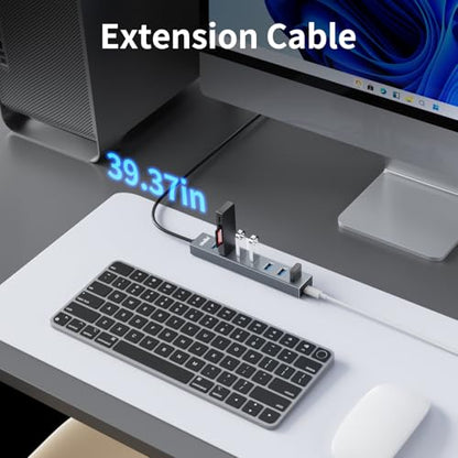 atolla Aluminum 7-Port USB 3.0 Hub with 1m Extension Cable - 5Gbps High-Speed Data Transfer for MacBook Pro, Laptop, PC, Gaming Setup-Gray - color: Gray