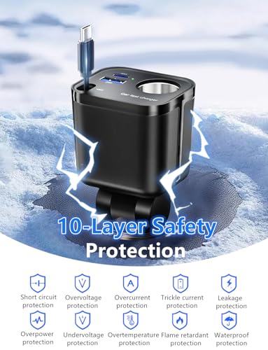 4 in 1 Retractable Car Charger, [60% Smaller] 145W USB C Cigarette Lighter Adapter, Socket Splitter with Retractable Cable&USB-C/A Port, 12V/24V Fast Charging Car Phone Charger for iPhone 17 Pro Max