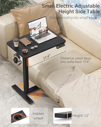 FiCiHi Electric Overbed Table, Adjustable Height Bedside Desk with Hidden Wheels, Rolling Sit-Stand Laptop Table for Bed, Couch, Sofa, Home Office & Hospital Use, (24" x 16", Black) - color: Black, size: 24 x 16"