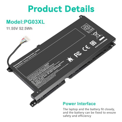 PG03XL Laptop Battery for HP Pavilion Gaming 15-DK 15T-DK 15-EC 15-DK0XXX 15-DK0055NR 15T-DK200 15-EC0013DX 15-EC1073DX 15Z-EC200 16-A0032DX 16-A0035NR L48495-005 3ICP6/60/72 HSTNN-DB9G HSTNN-OB1I - size: 8.3x3.7x0.24inch PG03XL