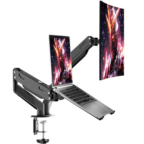 Pholiten Monitor and Laptop Mount for Max 32" Screen and 17" Notebook | Dual Monitor Mount Holds up to 22lbs Each, Laptop Tray Stand with Gas Spring Arm, VESA 75x75/100x100mm