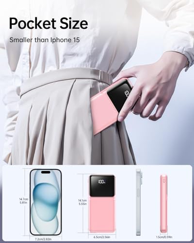 RONEGN Portable Charger with Built in Cable -20000mAh Fast Charging Power Bank USB C Slim 22.5W LED Display Battery Pack 5 Outputs & 3 Inputs for Travel Essentials iPhone Samsung Phones Pink - color: Pink