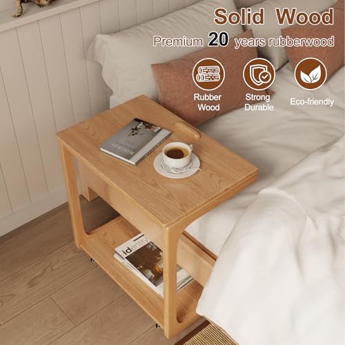 AQIMUELE Wooden C-Shaped End Table,Couch Table with Adjustable Desktop,Small Rolling Side Table with 2 Lockable Wheels 23.6" Width,Small End Table for Couch, Living Room,Bedroom (Natural) - color: Natural, size: 15.6"D x 23.6"W x 24.8"H, style: Modern 2 T