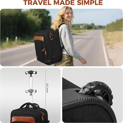 Vancropak Travel Backpack with Wheels, Rolling Backpack Fits 17.3" Laptop | Flight Approved Wheeled Luggage, Expandable Business Travel Suitcase, Womens Work Backpack, 3 Packing Cubes, Water Resistant - color: Black Brown