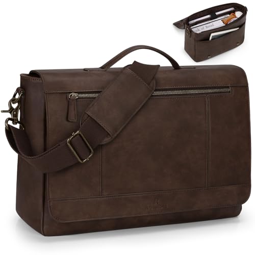 RAINSMORE Leather Messenger Bag for Men 15.6 Inch Laptop Bag Vintage Briefcase Large Computer Bag Satchel Shoulder Bag For College, Work, Business, Office, Dark Brown - color: Dark Brown