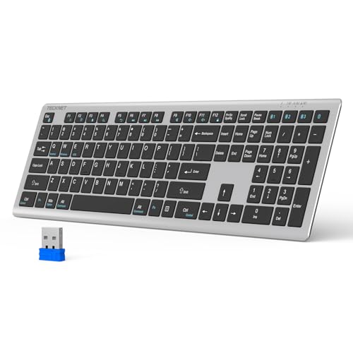 TECKNET Bluetooth Keyboard Rechargeable Ultra-Slim Full Size | 4-Device (2.4G+BT), 12 Hotkeys, Quiet Typing Wireless Computer Keyboard with Stand for PC/Laptop/Smart TV/Phone/Tablet - color: Grey