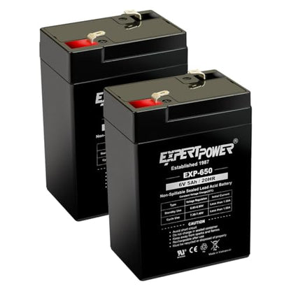 ExpertPower EXP650 (2 Pack) - 6V 5Ah / 20HR SLA Rechargeable 6V Battery for Ride on Toys, Emergency Light, Exit Sign Battery Replacement, Sealed Lead Acid 6 Volt Batteries with F1 Terminals - size: 6V 5Ah - 2 Pack