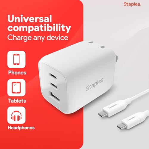 Staples TECH GaN Wall Charger, 65W – USB‑A & USB‑C Fast Charging, Includes Charging Cable, Compact Power Adapter for iPhone, Samsung, iPad & USB‑C Devices - style: 65 Watt