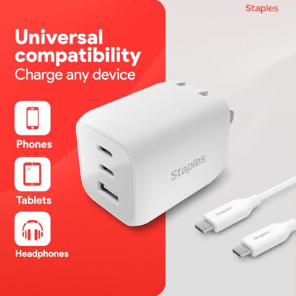 Staples TECH GaN Wall Charger, 65W – USB‑A & USB‑C Fast Charging, Includes Charging Cable, Compact Power Adapter for iPhone, Samsung, iPad & USB‑C Devices - style: 65 Watt
