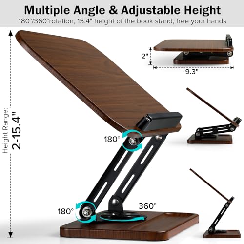 Book Stand with Light & Storage, Book Holders for Reading Hands Free | bible stand holder, wooden cookbook stand, adjustable Height, 360 °Angle, for Recipe Magazine Laptop Tablet Bible