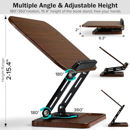 Book Stand with Light & Storage, Book Holders for Reading Hands Free | bible stand holder, wooden cookbook stand, adjustable Height, 360 °Angle, for Recipe Magazine Laptop Tablet Bible
