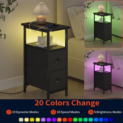 sthmec Narrow End Table with Charging Station, Narrow Side Table with 2 Fabric Drawers, LED End Table, Slim Nightstand with LED Light, Small Side Table for Small Spaces, Living Room, Bedroom, Black - color: Black, size: 7.87'' W x 15.75'' D x 24.37'' H, s