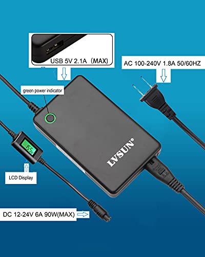 Universal Laptop Charger with LCD Display 90W, Slim AC Adapter Power Supply Cord with USB Port 5V2.1A, for Mobile|Tablet Compatible with Lenovo HP Dell Toshiba Samsung Acer Asus and Most Notebooks