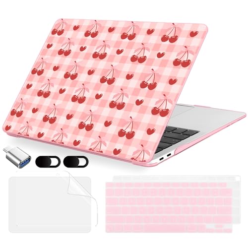 MecBevia Compatible with MacBook Pro 13 inch Case 2022 2021 2020 Release M2 M1 A2338 A2251 A2289, Plastic Hard Shell&Keyboard Cover&Screen Protector&Webcam Cover&Type-C Adapter, Pink Cherry Check - color: Pink Cherry Check