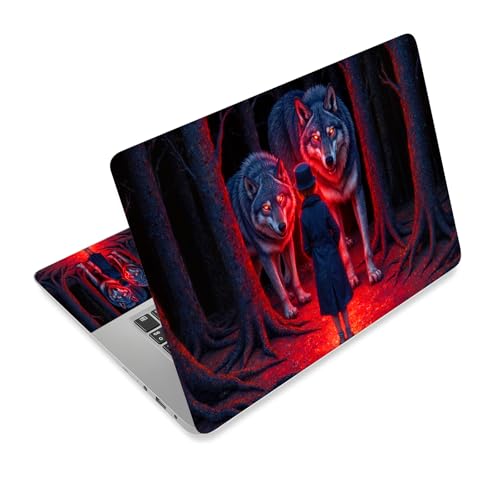 Universal Laptop Skin Sticker Decal,15.6 Inch Laptop Vinyl Cover for 13" 14" 15.6" Laptop,Scratch-Resistant Waterproof Protector Wrap,Reusable with Wrist Pads,Red Forest Wolf Encounter - color: Red Forest Wolf Encounter