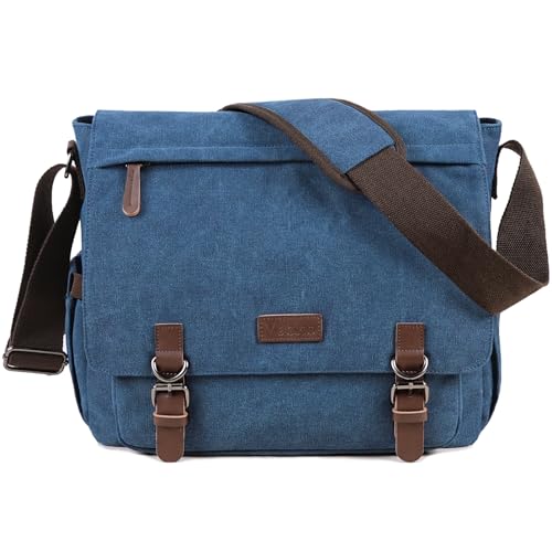Vintage Messenger Bag 15.6 Inch Laptop for Men Women, Large Travel Crossbody Shoulder Purse Canvas Briefcase Work College - color: Blue-upgrade