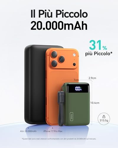 INIU Smallest 20000mAh Power Bank, 22.5W PD Fast Charging Portable Charger with USB-C Cable, Flight-Safe Battery Pack for Travel & Outdoor Camping & Emergency for iPhone Samsung iPad, Mini Size, Green | USB-C Cable, Flight-Safe, Travel Essentials, Flashli
