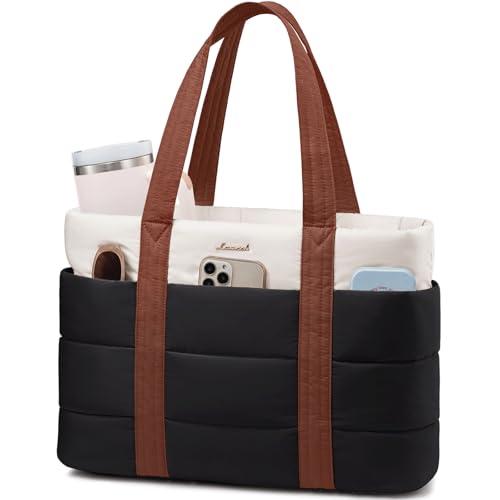 LOVEVOOK Tote Bag for Women, Large Puffer Work Tote Laptop Bag, Lightweight Travel Tote Bag with Zipper Gifts for Women - color: Black-white-brown-l, size: 17 Inch