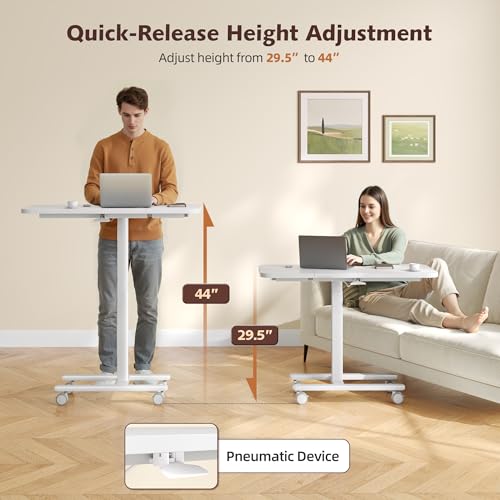 Homkdom C Shaped Table with Wheels, Side End Table with Extended Desktop, Adjustable Rolling Desk for Small Space, Dorm, Height Adjustment (29.5"-44"), White - color: White