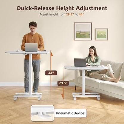 Homkdom C Shaped Table with Wheels, Side End Table with Extended Desktop, Adjustable Rolling Desk for Small Space, Dorm, Height Adjustment (29.5"-44"), White - color: White