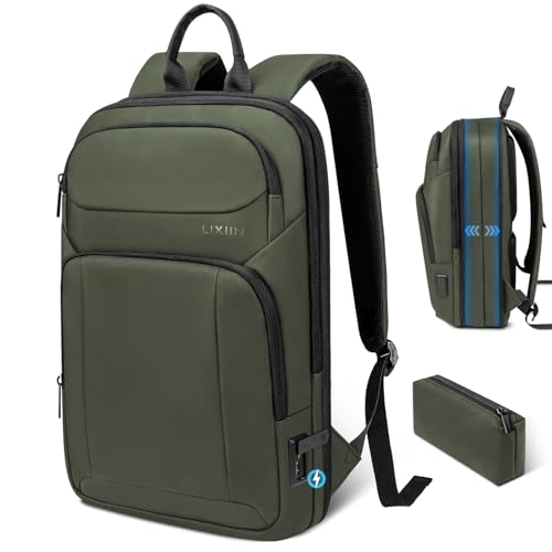 Backpack for Men Slim & Expandable Travel Laptop Backpack with USB Charging Port Water Resistant Anti-Theft Business Backpack Fits 17.3In Laptop for Commute Work College with Small Bag(Olive Green) - color: Olive Green, size: 17.3”